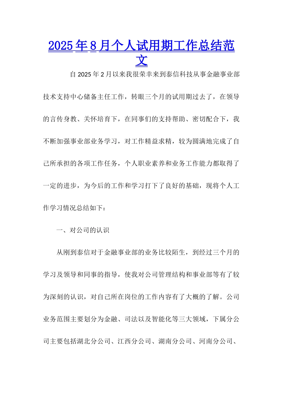 2025年8月个人试用期工作总结范文_第1页