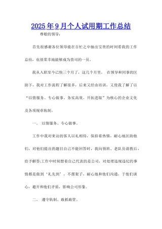 2025年9月个人试用期工作总结
