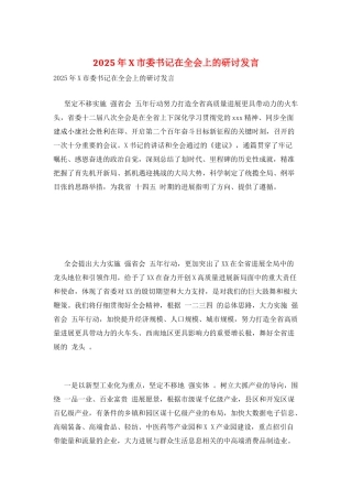 2025年X市委书记在全会上的研讨发言