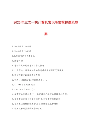 2025年三支一扶计算机常识考前模拟题及答案