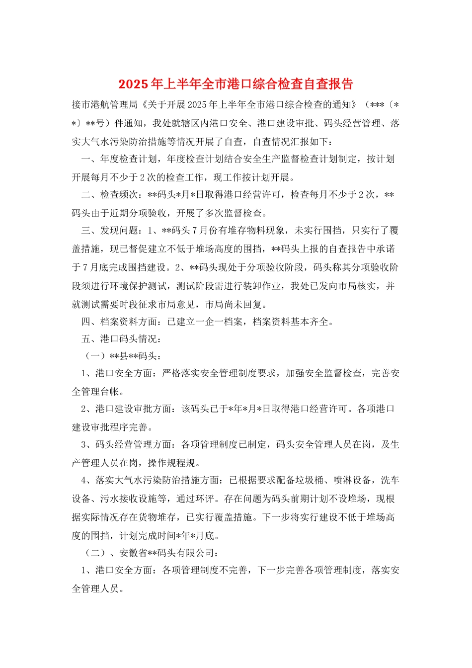 2025年上半年全市港口综合检查自查报告_第1页