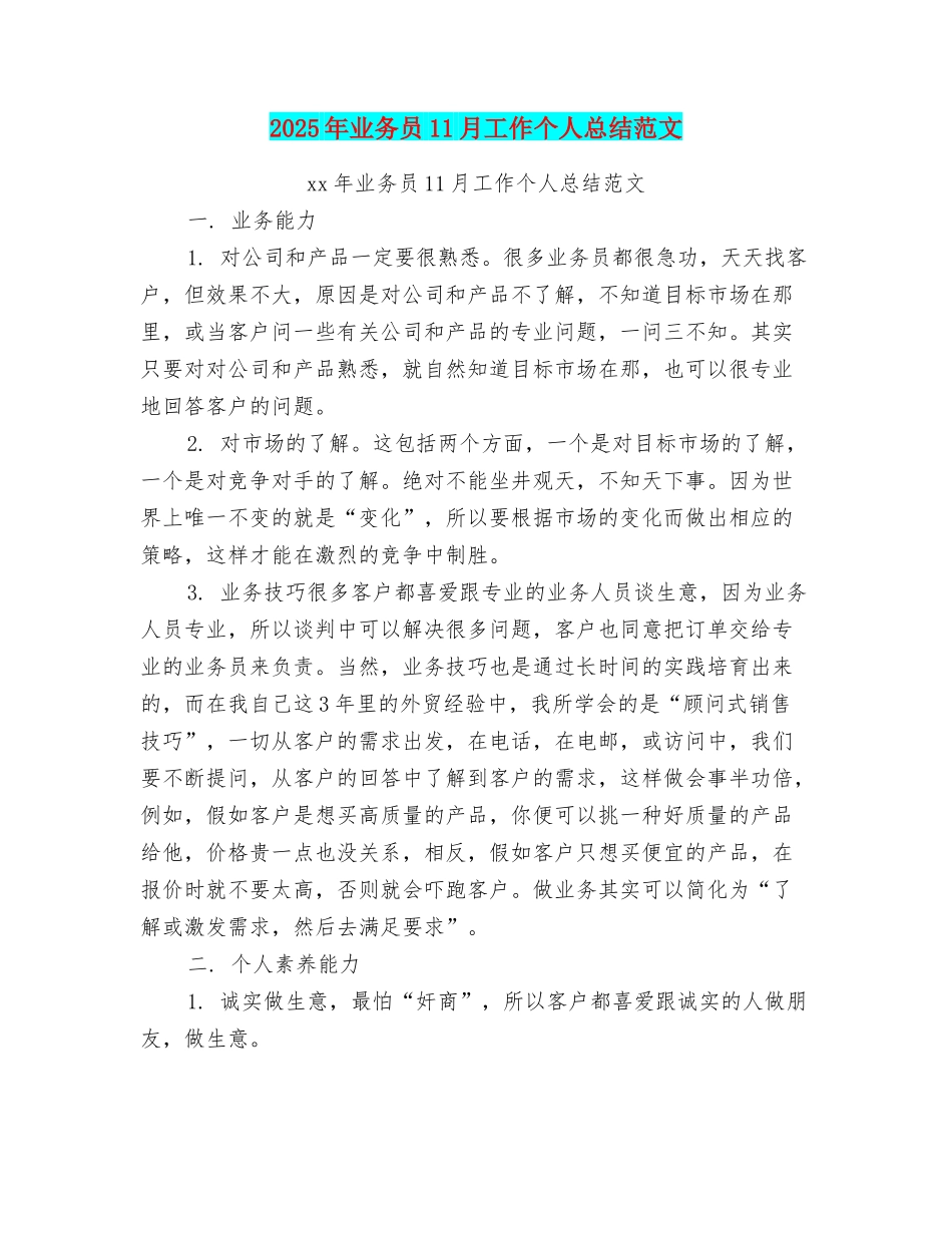 2025年业务员11月工作个人总结范文_第1页