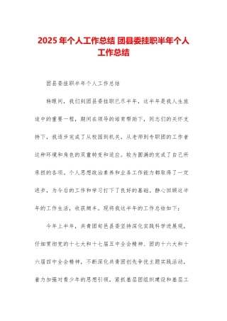 2025年个人工作总结-团县委挂职半年个人工作总结