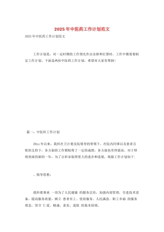 2025年中医药工作计划范文