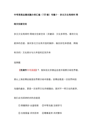 2025年中考思品真题分类汇编专题十多元文化地球村网络交往新空间