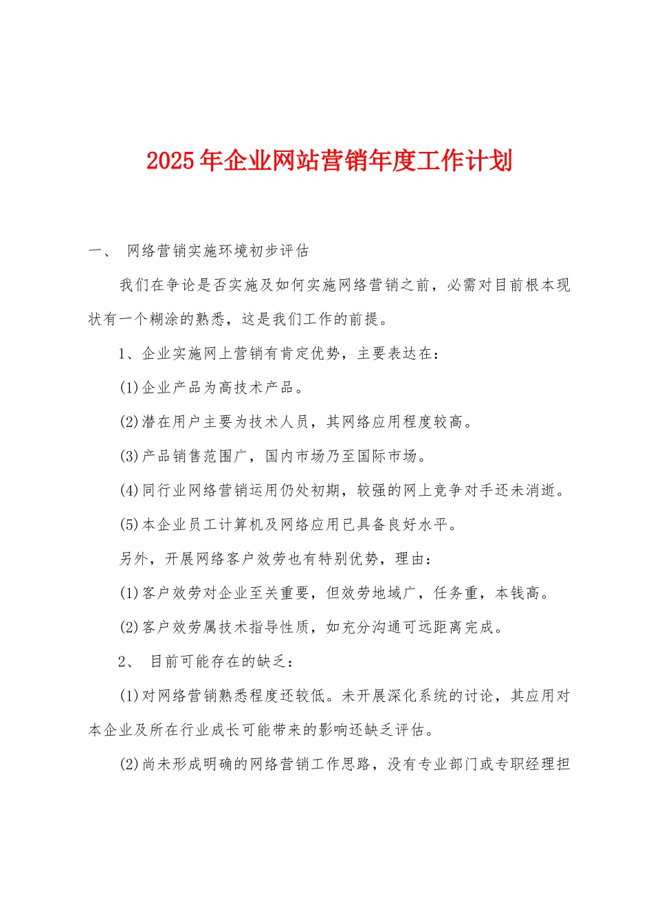 2025年企业网站营销年度工作计划_第1页