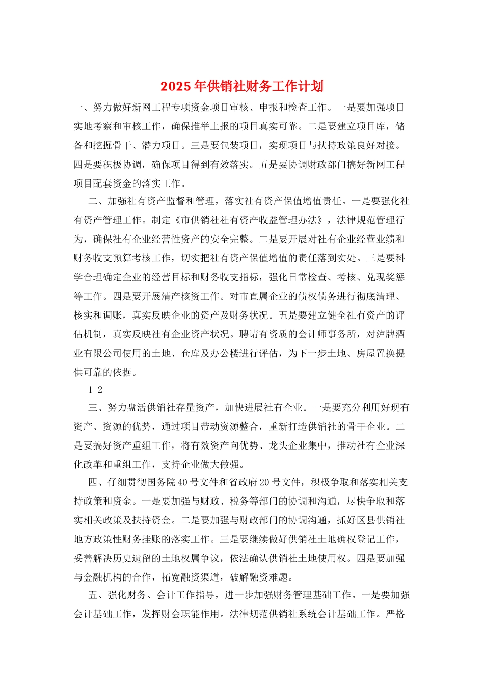 2025年供销社财务工作计划_第1页