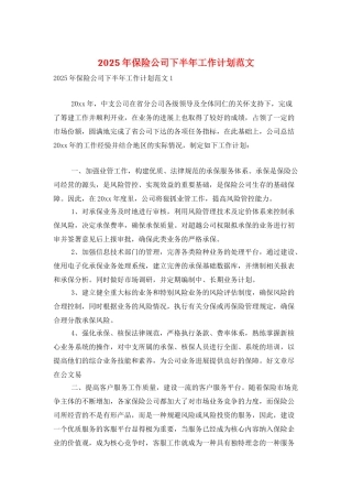 2025年保险公司下半年工作计划范文