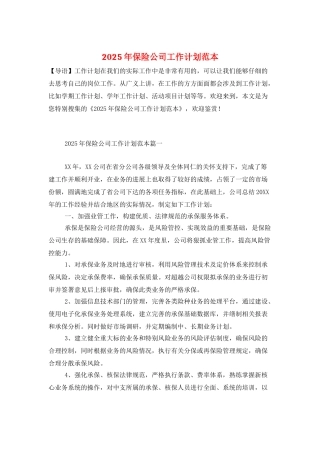 2025年保险公司工作计划范本