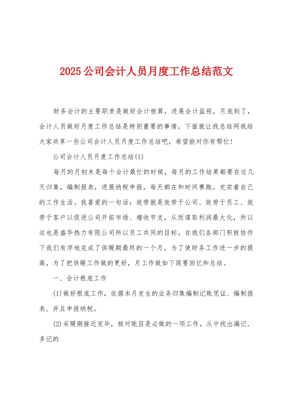 2025年公司会计人员月度工作总结范文_第1页