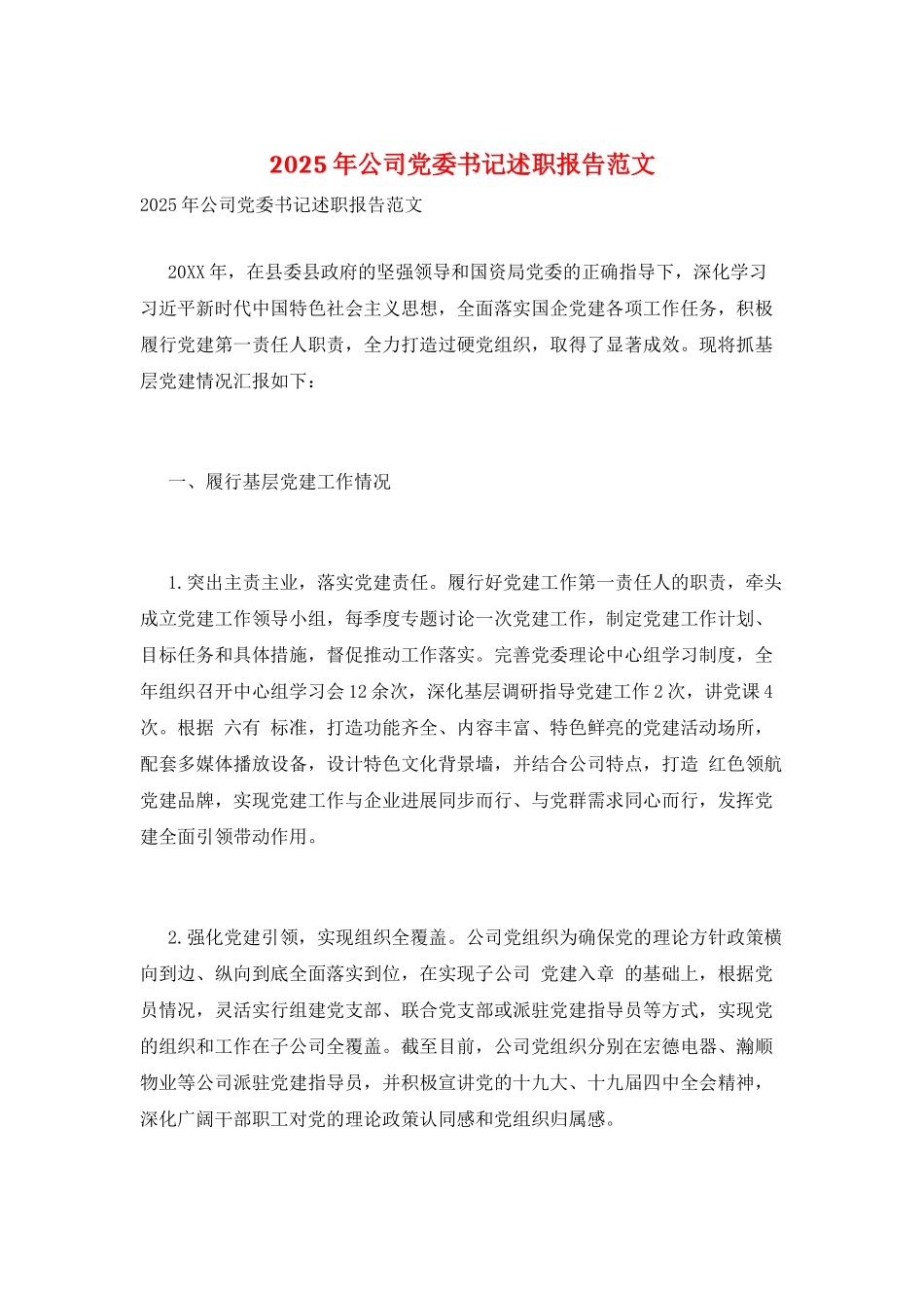 2025年公司党委书记述职报告范文_第1页