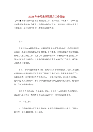 2025年公司出纳职员月工作总结