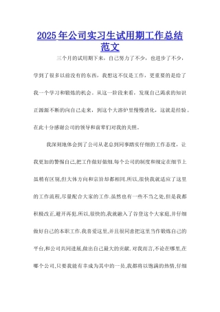 2025年公司实习生试用期工作总结范文