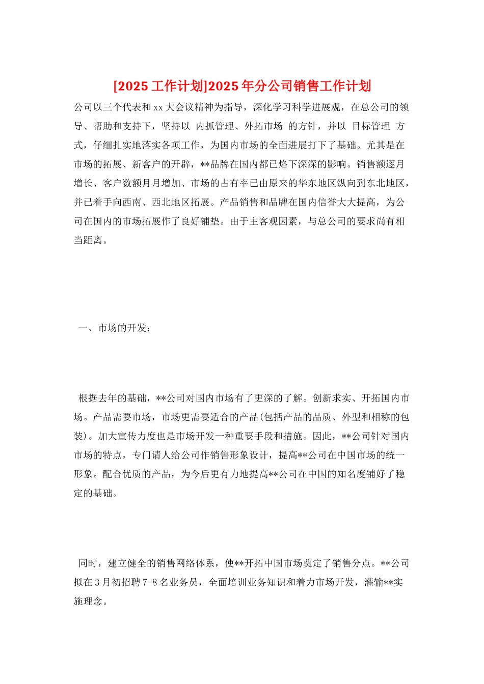 2025年分公司销售工作计划_第1页