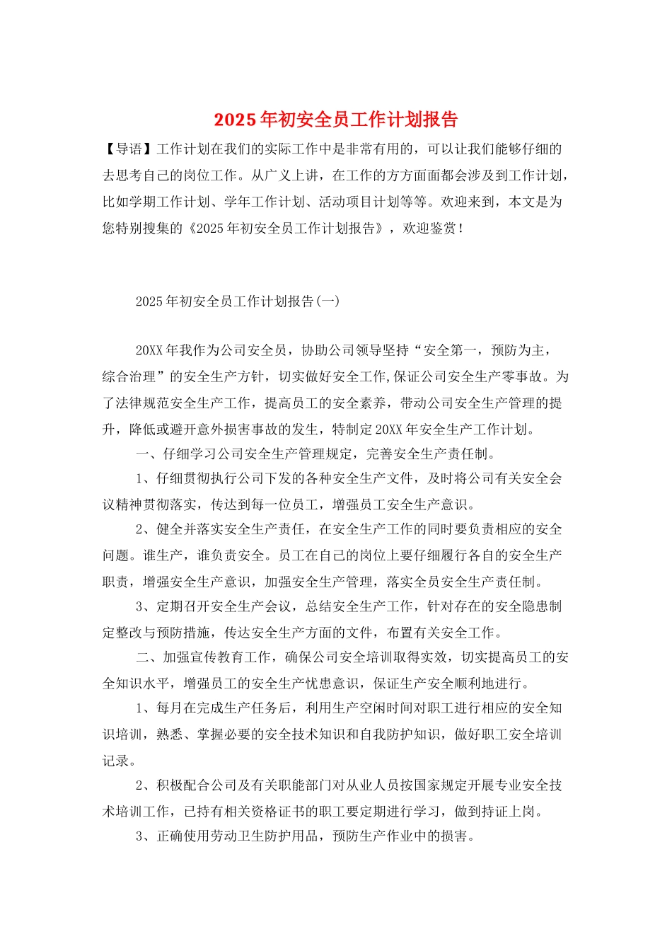 2025年初安全员工作计划报告_第1页