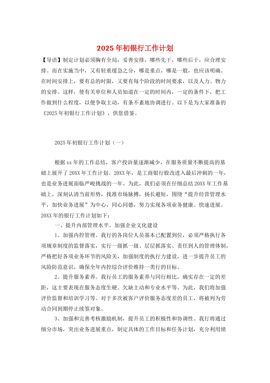 2025年初银行工作计划_第1页