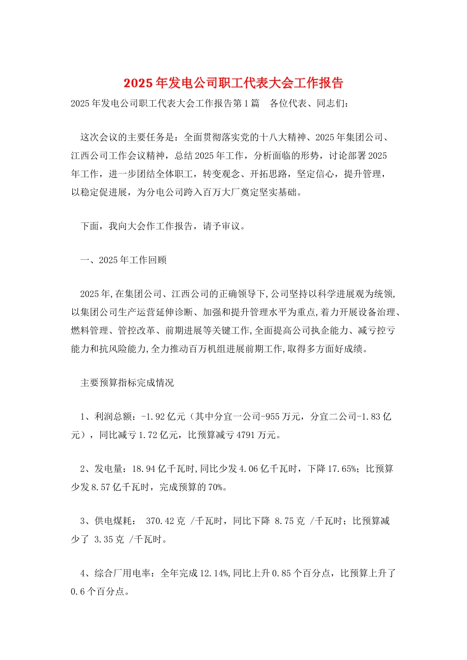 2025年发电公司职工代表大会工作报告_第1页