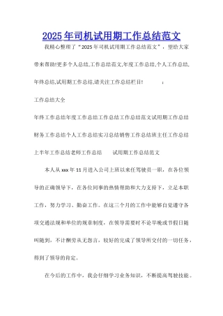 2025年司机试用期工作总结范文