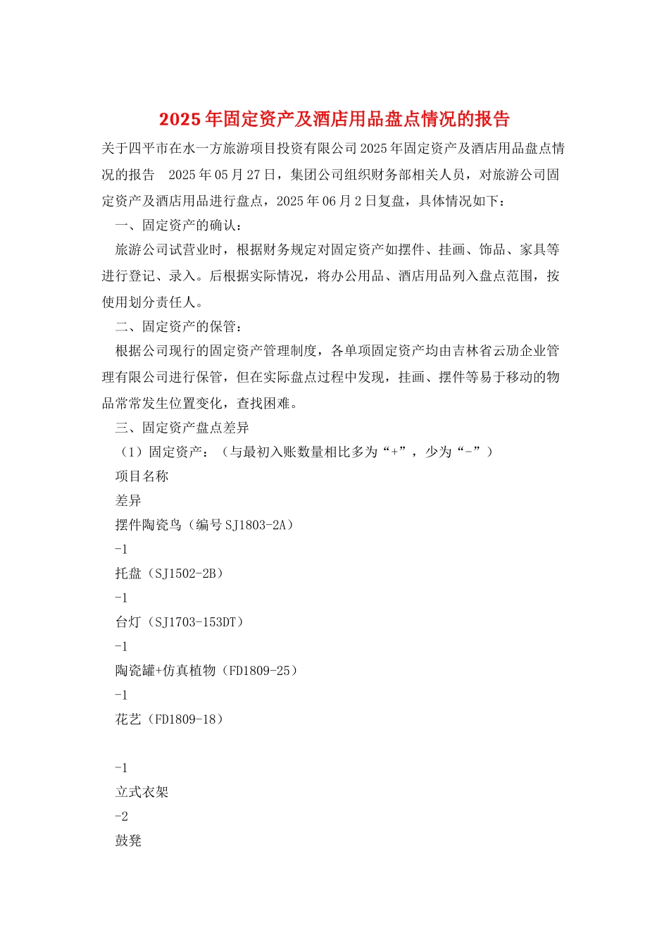 2025年固定资产及酒店用品盘点情况的报告_第1页