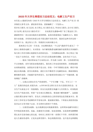 2025年大学生寒假实习总结范文：电解工生产实习