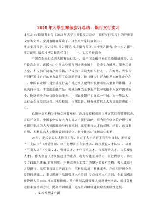 2025年大学生寒假实习总结：银行支行实习