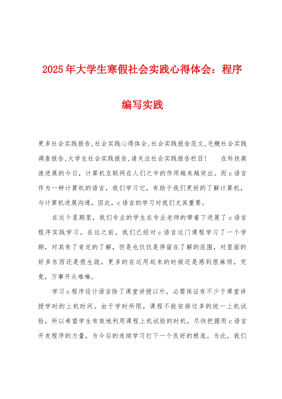 2025年大学生寒假社会实践心得体会：程序编写实践_第1页