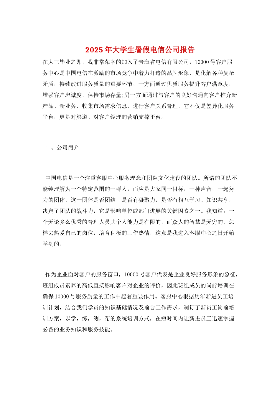 2025年大学生暑假电信公司报告_第1页