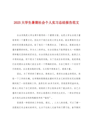 2025年大学生暑期社会个人实习总结报告范文