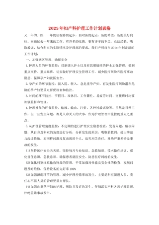 2025年妇产科护理工作计划表格