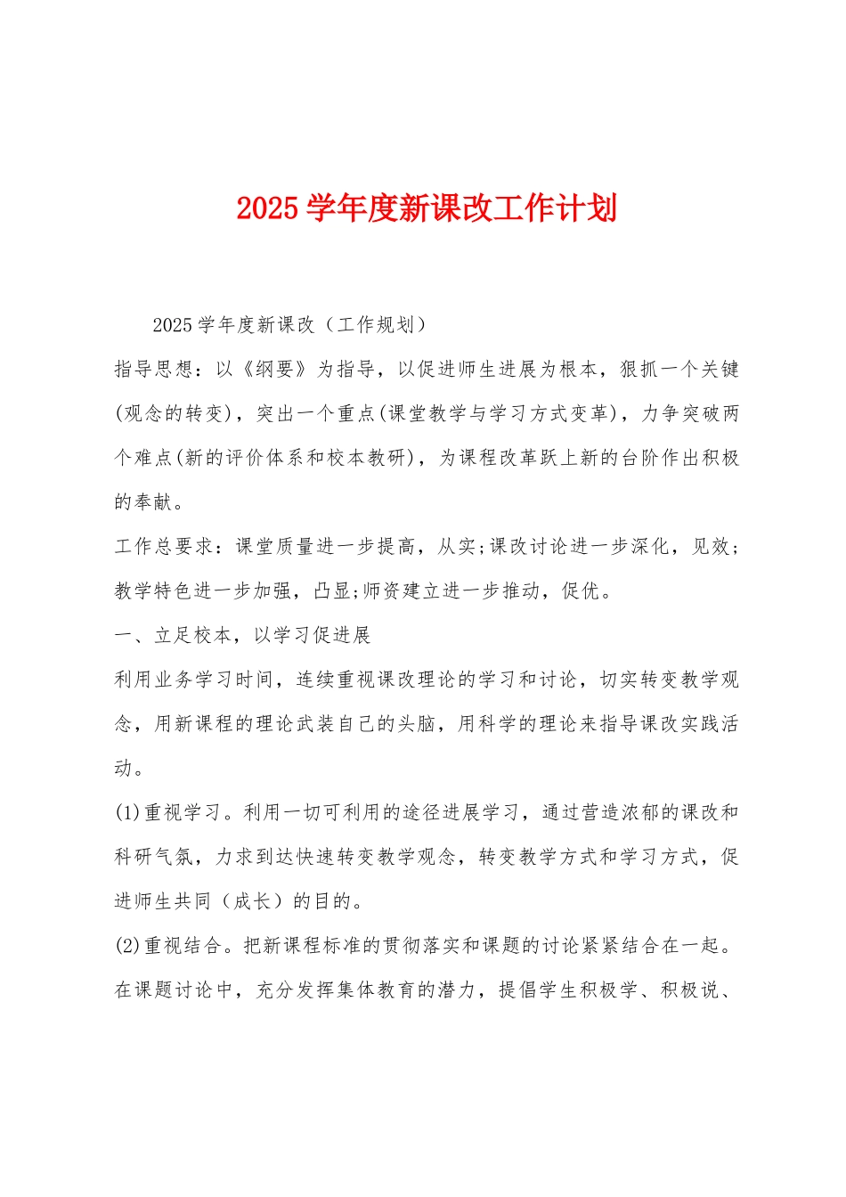 2025年学年度新课改工作计划_第1页