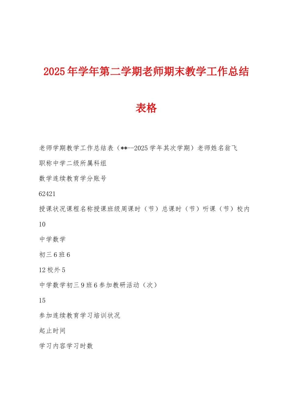 2025年学年第二学期教师期末教学工作总结表格_第1页
