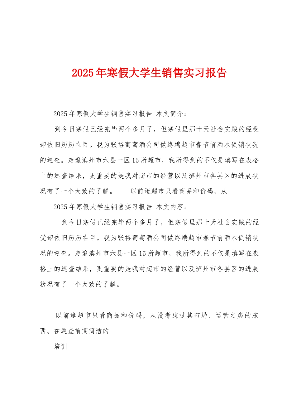 2025年寒假大学生销售实习报告_第1页
