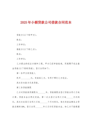 2025年小额贷款公司借款合同范本