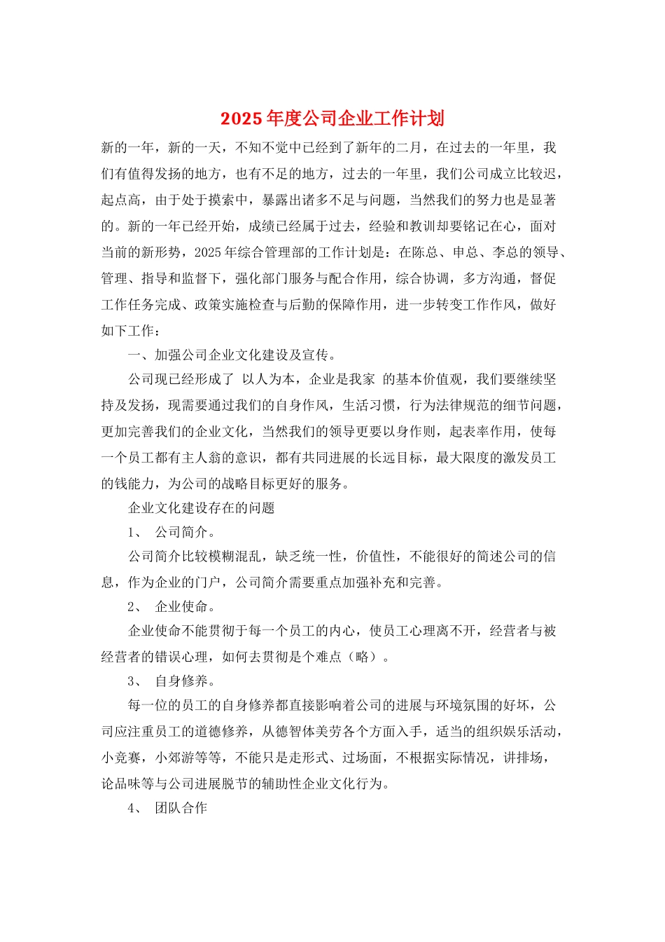 2025年度公司企业工作计划_第1页