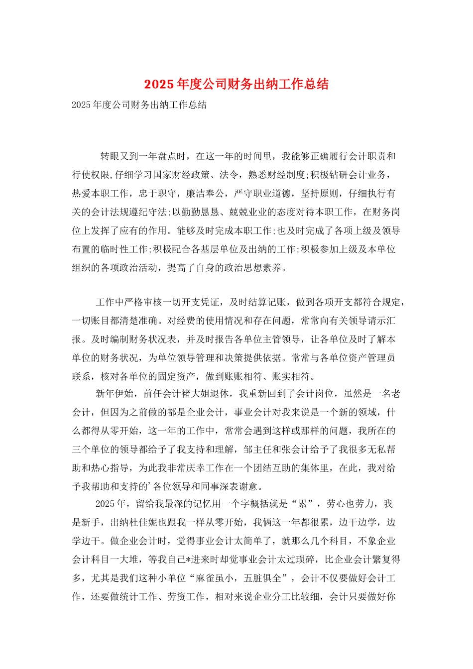 2025年度公司财务出纳工作总结_第1页