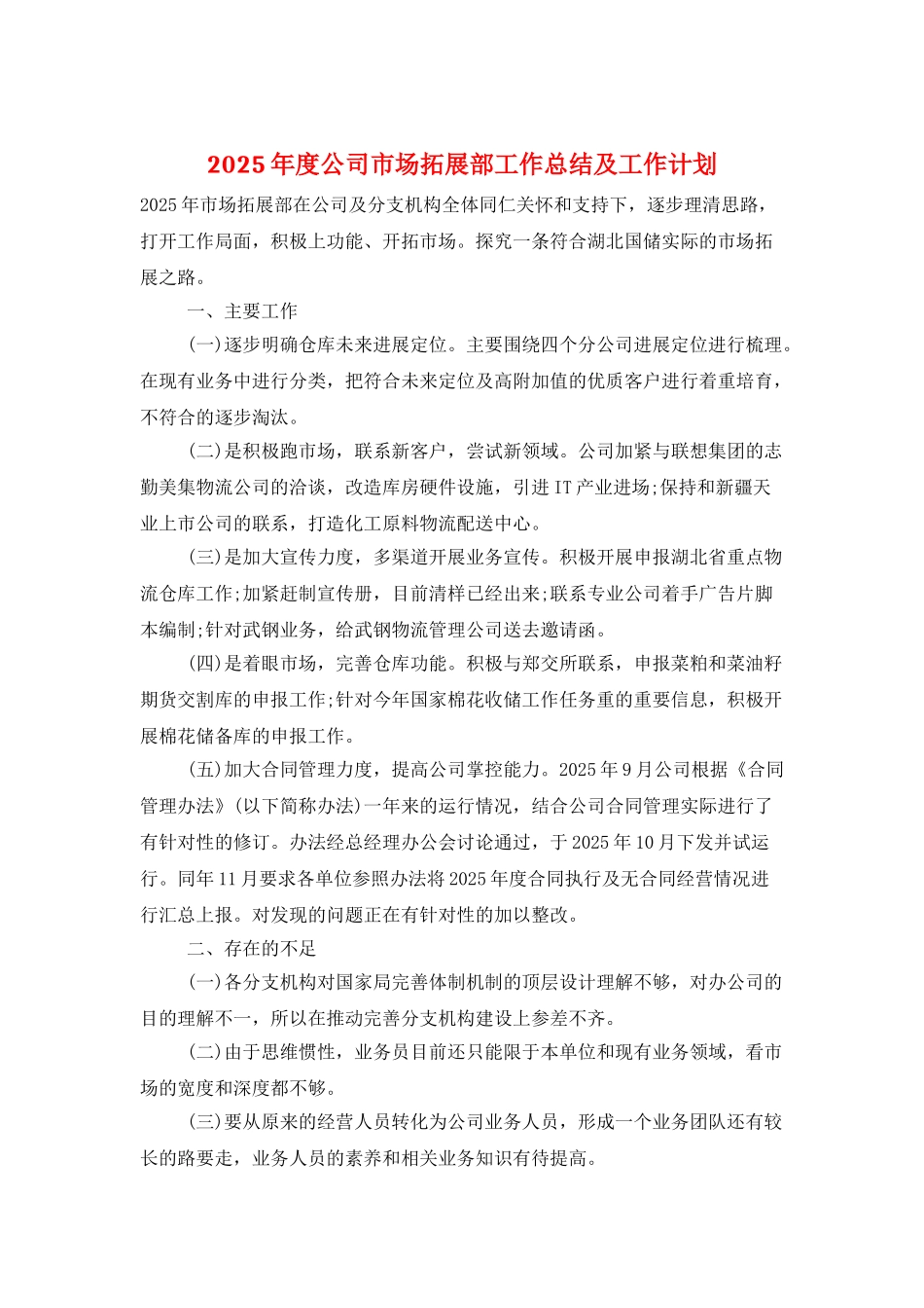 2025年度公司市场拓展部工作总结及工作计划_第1页