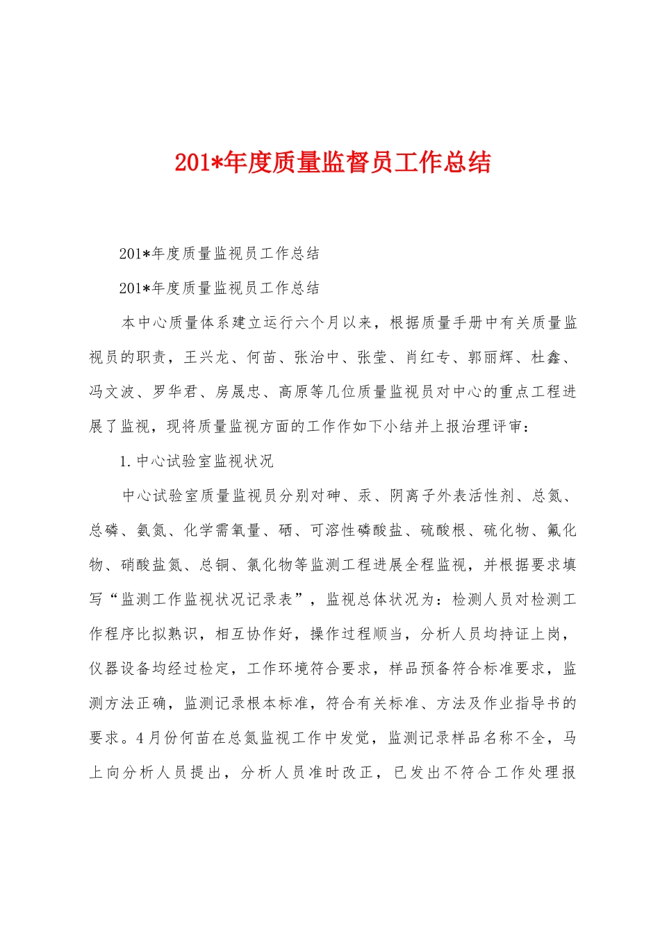 2025年度质量监督员工作总结_第1页