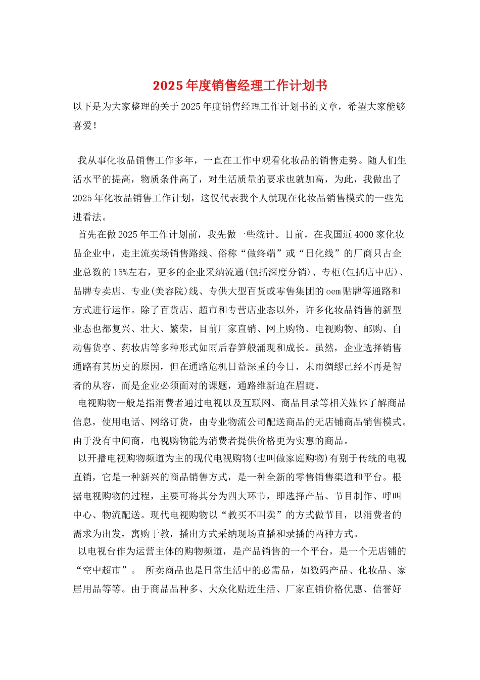 2025年度销售经理工作计划书_第1页