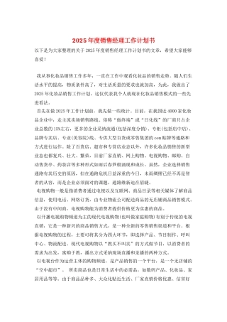 2025年度销售经理工作计划书