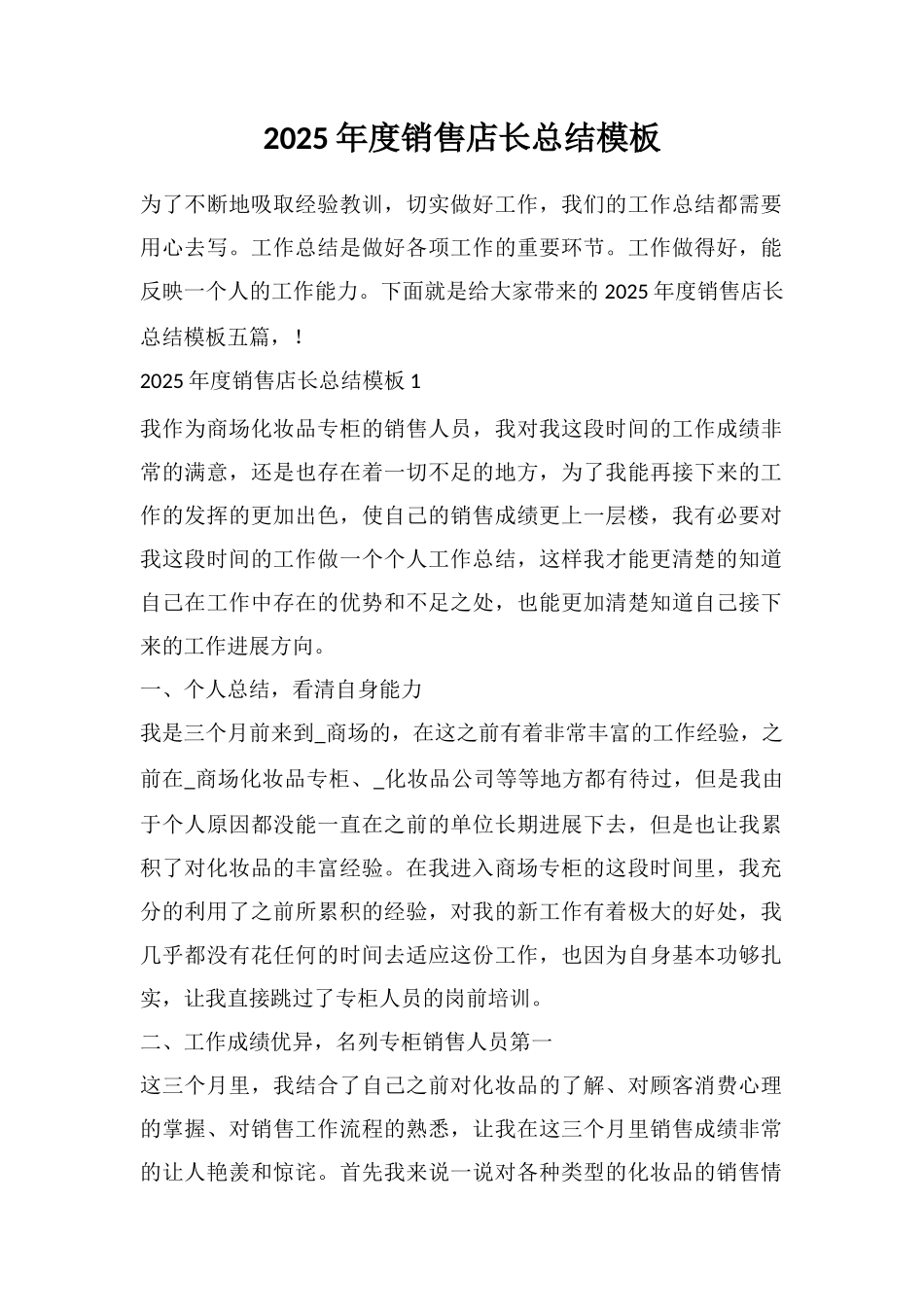 2025年度销售店长总结模板_第1页