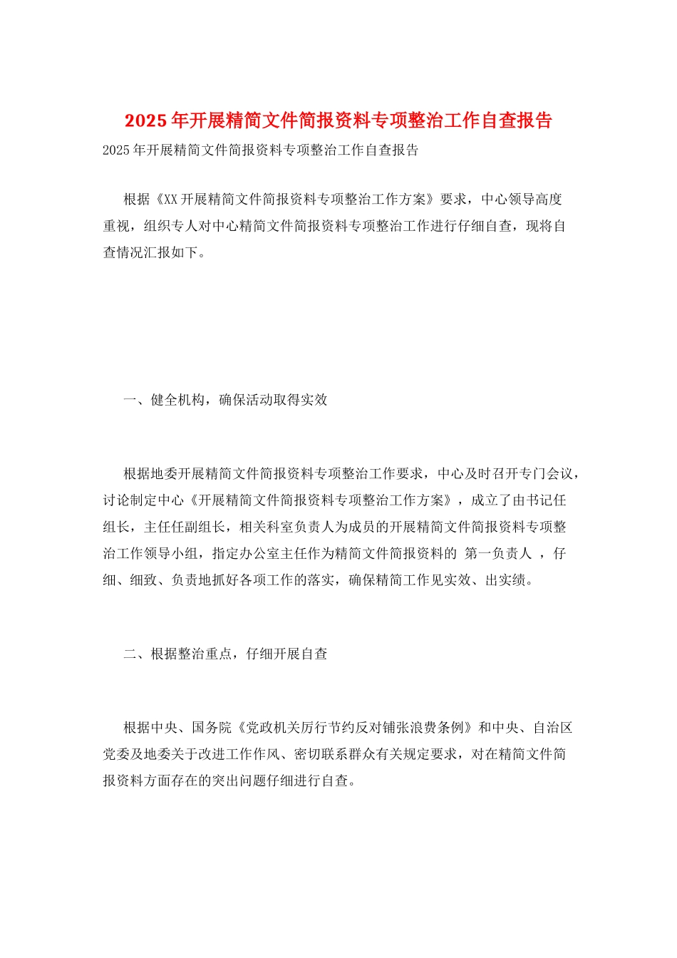 2025年开展精简文件简报资料专项整治工作自查报告_第1页