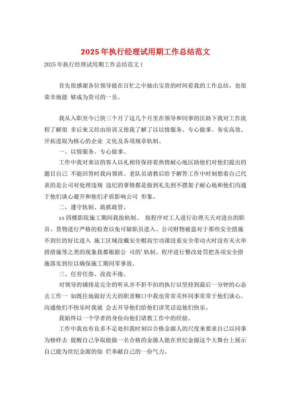 2025年执行经理试用期工作总结范文_第1页