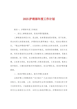 2025年护理部年度工作计划