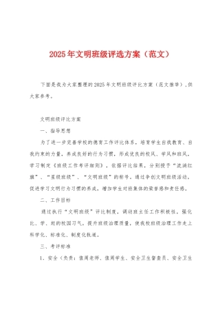 2025年文明班级评选方案