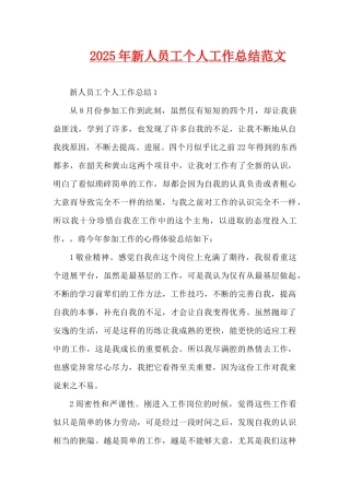 2025年新人员工个人工作总结范文（精编版）
