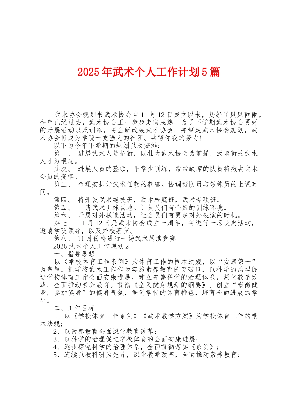 2025年武术个人工作计划5篇_第1页