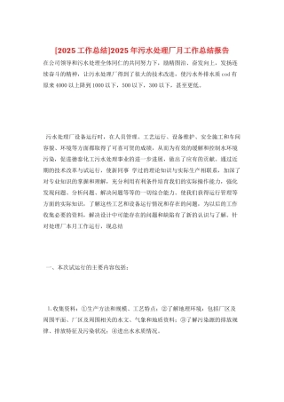 2025年污水处理厂月工作总结报告