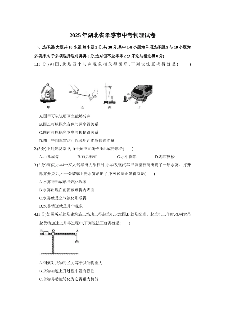 2025年湖北省孝感市中考物理试卷_第1页
