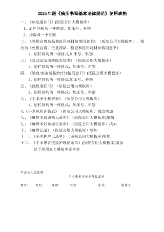 2025年版《病历书写基本规范》修改表格