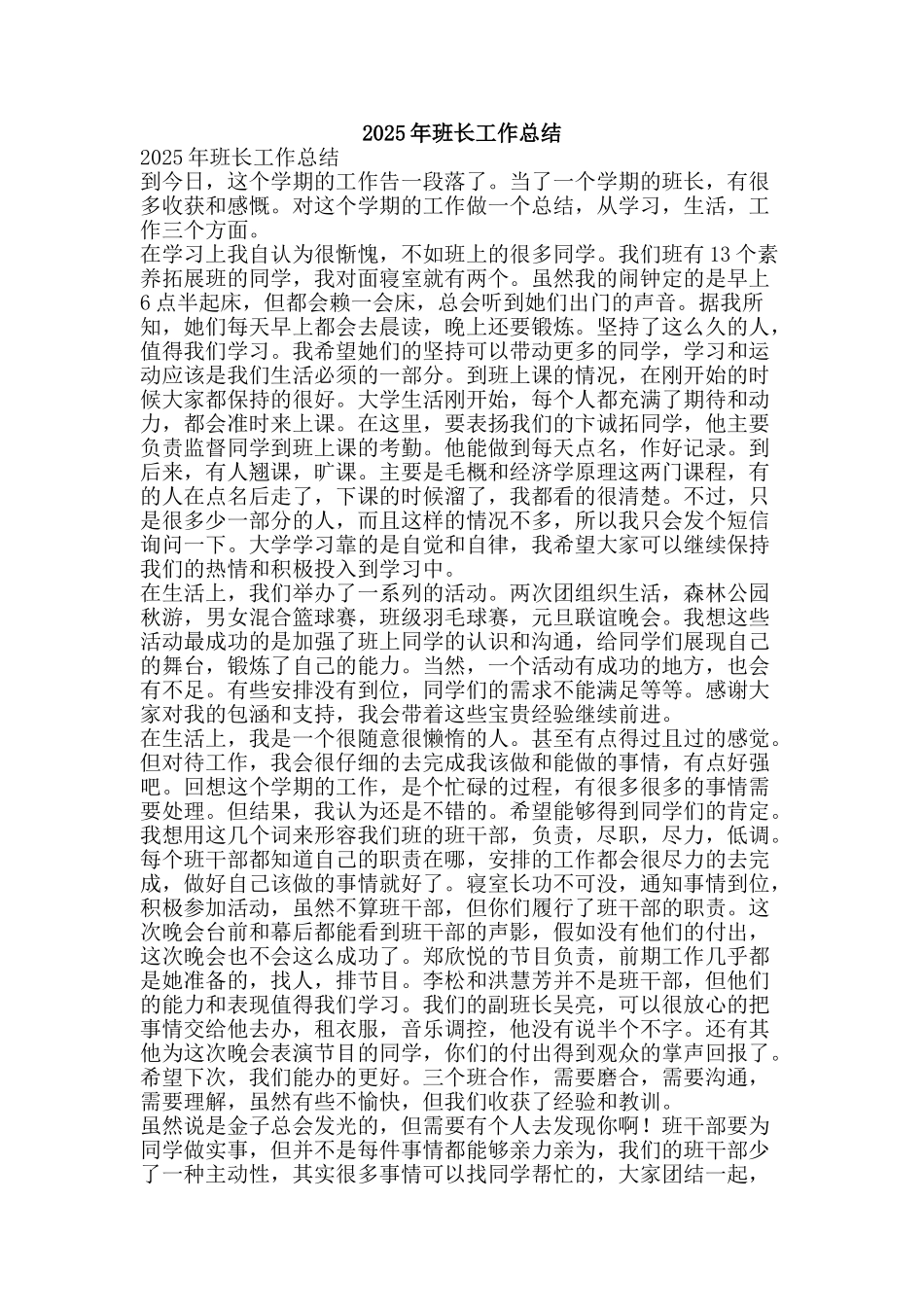 2025年班长工作总结-精品范文资料_第1页